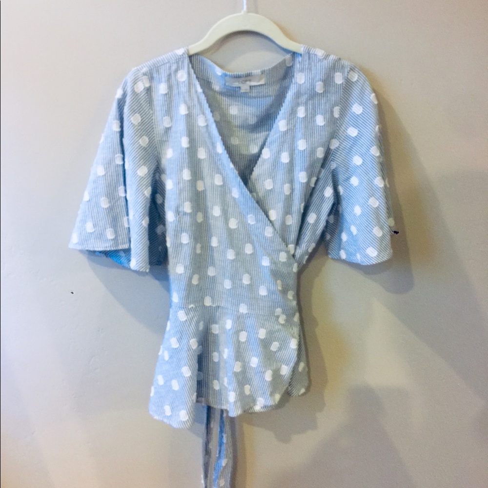 Baby blue & polka dot wrap shirt